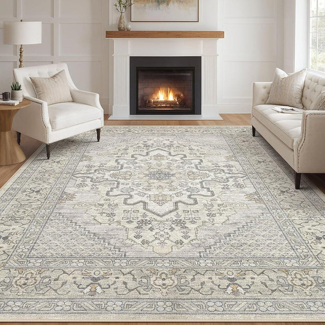 Tortania Area Rug Living Room Rugs - 8x10 Washable Boho Rug Vintage Oriental Distressed Farmhouse Large Thin Indoor Carpet for Living Room Bedroom Under Dining Table Home Office - Beige Linen