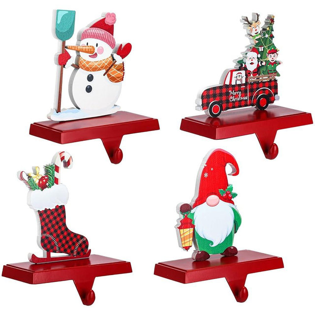 Barydat Set of 4 Metal Christmas Stocking Holder with Snowman Truck Ice Skate Gnome Wood Sign Decorative Fireplace Stocking Hangers for Mantel Sock Hooks for Christmas Party Room Decorations Gifts