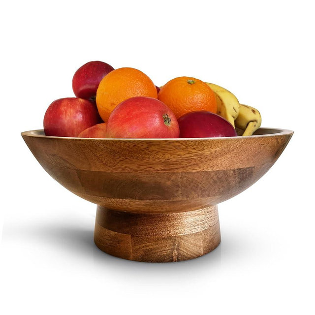 Fairwood Way Wooden Fruit Bowl for Kitchen Counter, 12 Inch Natural Mango Wood Pedestal Bowl, Decorative Centerpiece for Table, Footed Bowl for Food, Fruit, Bread or Decor