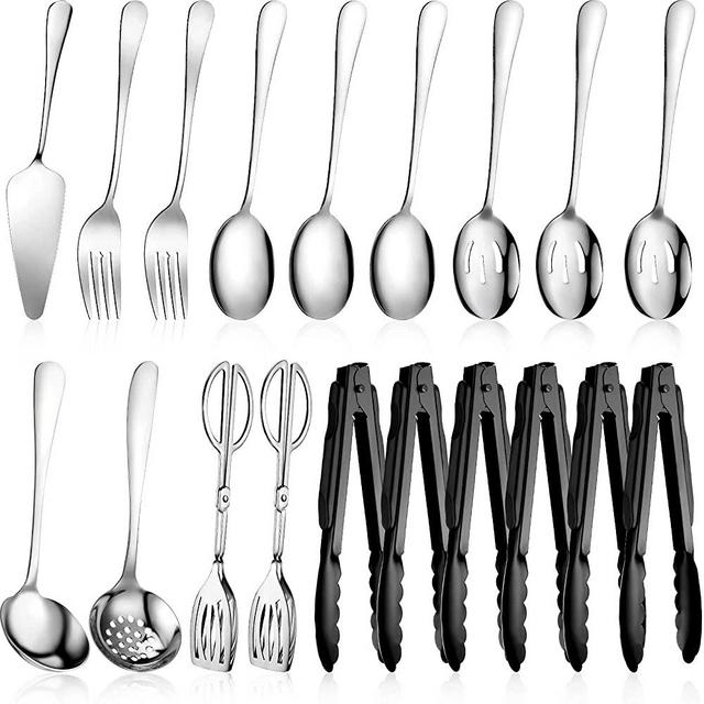 Tanlade 19 Pieces Serving Flatware Set Including Spatulas, Forks, Spoons, Perforated Spoons, Soup Spoons, Skimmers Spoon, Buffet Tongs, Heavy Duty Black Serving Tongs for Home Buffet Breakfast Dinner