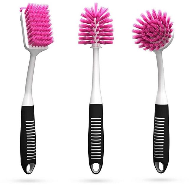 Dish Brush Set of 3 with Bottle Water Brush, Dish Scrub Brush and Scrubber Brush - Kitchen Scrub Brushes Ergonomic Non Slip Long Handle for Cleaning Cleaner Wash Sink Dishes Bottle Cup Glass Pot