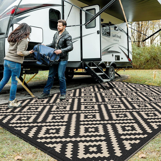 GENIMO Outdoor Rug for Patio Clearance, 10'x14' Waterproof Large Camping Mat, Reversible Plastic Straw Rugs for RV, Camper, Balcony, Backyard, Picnic, Deck (Black & Beige)