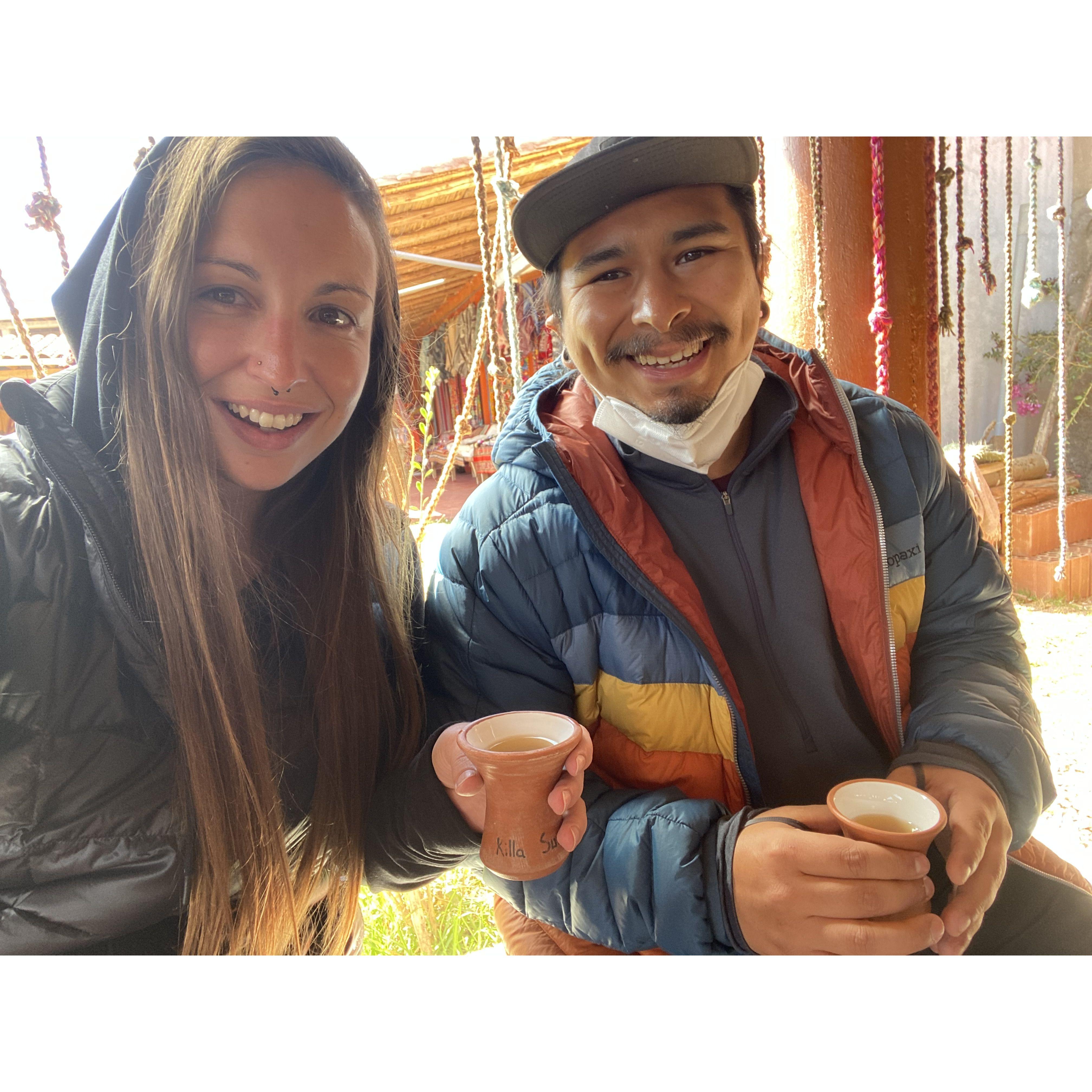 Drinking some of the greatest tea and moments before being introduced to the amazing weavers of Cuzco. They weave llama fur into the most intricate and softest clothing we have ever felt!