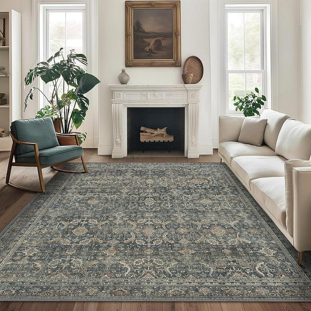 BESBLEE 8X10 Area Rugs Machine Washable Runner Rugs for Living Room Bedroom Hallway, Non Slip Indoor Soft Accent Distressed Boho Vintage Print Lightweight Thin Low Pile Carpet, Deep