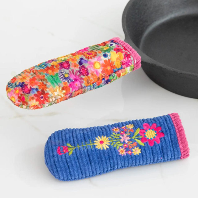 Skillet Handle Holders, Set of 2 - Blue Folk Flower Patchwork