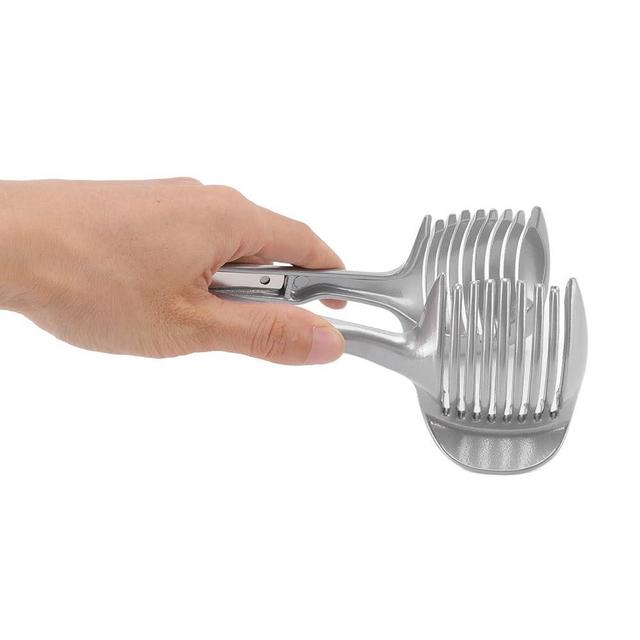 Onion Slicer,Tomato Slicer Lemon Cutter Multipurpose Handheld Round Fruit Tongs Aluminium Alloy Onion Holder Easy Slicing Kiwi Fruits & Vegetable Tools Kitchen Cutting Aid Gadgets Tool
