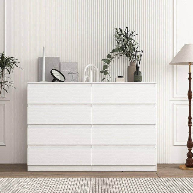 Resenkos 8 Drawer Wide Dressers for Bedroom, Modern Chest of Drawer Organizer, White
