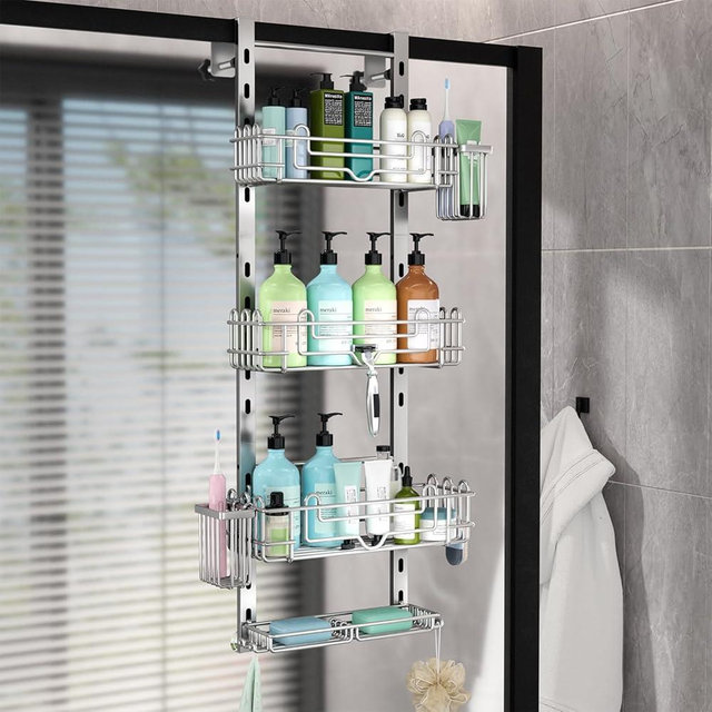HapiRm Hanging Shower Caddy Organizer - Shower Shelf with 22 Hooks and 2 Toothbrush Holders, No Drilling Adjustable Hanging Shower Organizer for Bathroom - Silver