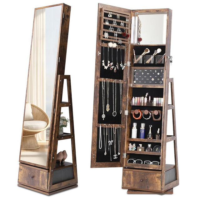 Nicetree 360° Rotating Jewelry Cabinet with Lights, Full-Length Mirror Jewelry Armoire Organizer with Touch Screen Vanity Mirror, Storage Drawers & Shelves for Necklaces, Earrings, Rustic Brown