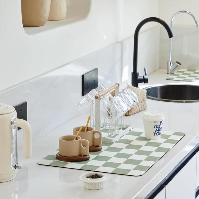 Ohocut Checkered Dish Drying Mat for Kitchen Counter, Coffee Bar, Coffee Station Accessories, Retro Cute Aesthetic Absorbent Coffee Mat Kitchen Drying Mat Easy Clean, Sage 12" x 19"