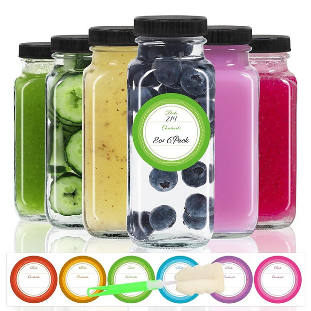 STARSIDE 8 oz Glass Juice Bottles with Lids 6 Pack - Square Reusable Drinking Jars for Juicing, Milk, Kombucha - Includes 1 Bottle Brush, 6 Colored Labels