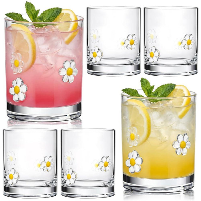 Sawysine 4 Pcs Daisy Icon Juice Glasses 10 oz Cute Pattern Stemless Wine Drinking Coffee Glass Cup for Fruit Party Supplies Gift