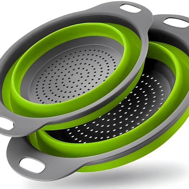 Collapsible Colander Set of 2 Silicone Kitchen Strainer Set, Perfect for Draining Pasta, Vegetable and fruit for Kitchen and Travel Use (green), large, KY-001