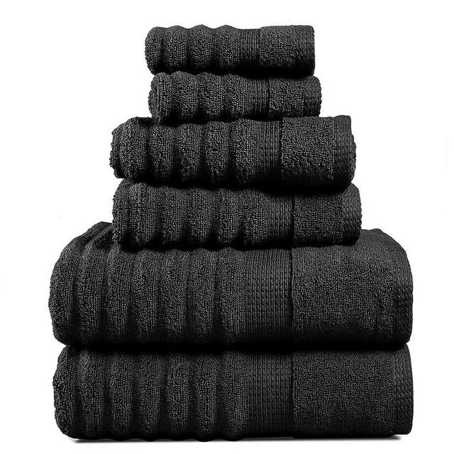 LANE LINEN Luxury Ribbed Bath Towels - 100% Cotton Towels for Bathroom, Zero Twist, Soft Textured, Extra Absorbent, Quick Dry, 2 Bath Towels, 2 Hand Towels, 2 Wash Cloths - Black (6 Piece Set)