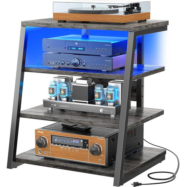 Armocity 4-Tier AV Media Stand with Power Strips, Stereo Stand with LED Lights, Rack Audio Tower with Adjustable Shelves, Small Entertainment Center, 30'', Grey Oak