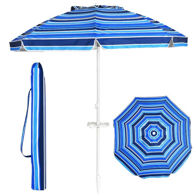 Costway 7.2 FT Portable Beach Umbrella Tilt Sand Anchor Cup Holder W/Carry Bag Navy Blue