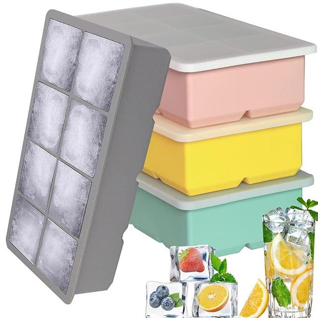 Large Ice Cube Trays for Cocktails, NueZoo 4 Pack Silicone Big Ice Cube Mold with Lids for Whiskey, Square 8 Cavity Ice Cube Maker for Freezer, Easy Release and Flexible