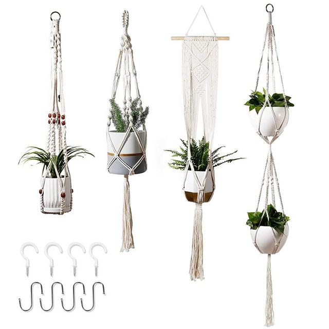 POTEY 640101 4-Pack Macrame Plant Hangers - with 8 Hooks Hanging Planters for Indoor Plants Handmade Cotton Rope Hanging Planters Hanging Plant Holder for Boho Decor 35"/41"/46"/67",Ivory