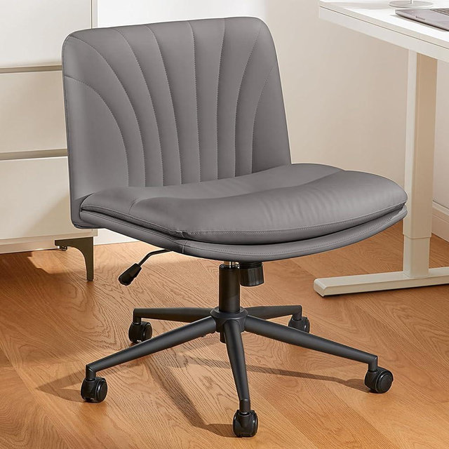Marsail Armless-Office Desk Chair with Wheels: PU Leather Cross Legged Wide Chair,Comfortable Adjustable Swivel Computer Task Chairs for Home,Office,Make Up,Small Space,Bed Room, Grey