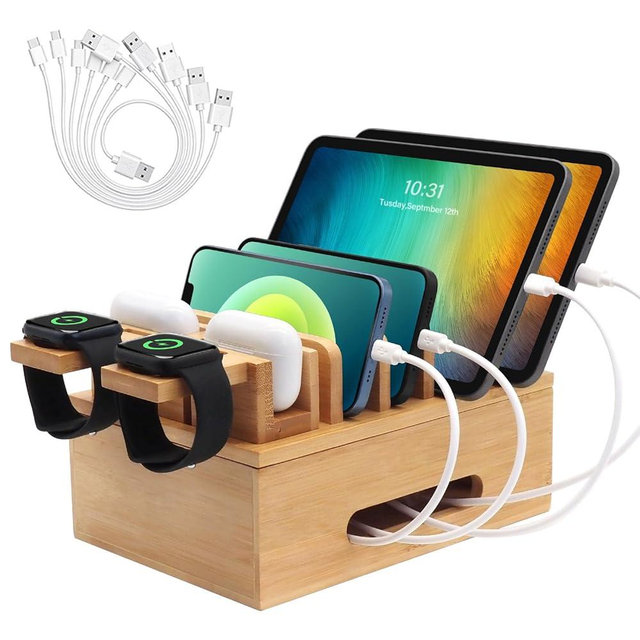 Bamboo Charging Stations for Multi Devices, Wood Desktop Docking Station Charger Organizer for Cell Phones, Tablets, Earphones, Watch (Includes 6 Charging Cables) (No Power Supply)