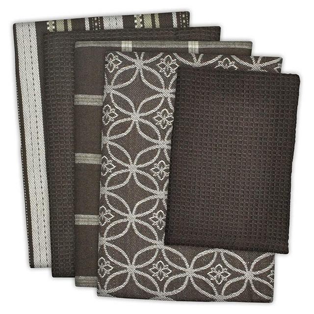 DII Cotton Oversized Kitchen Dish Towels 18 x 28" and Dishcloth 13 x 13", Set of 5 , Absorbent Washing Drying Dishtowels for Everyday Cooking and Baking-Dark Brown