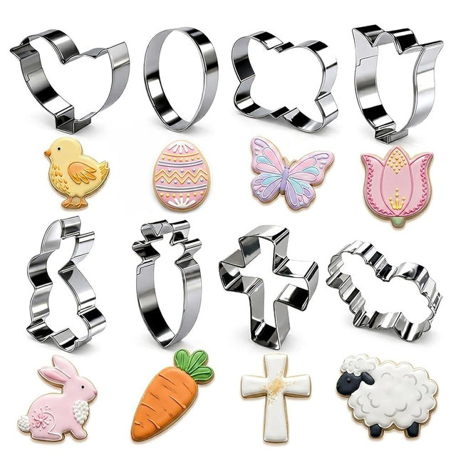 8-Piece Cookie Cutter Set - Stainless Steel Animal and Spring Shapes (Rabbit, Chick, Butterfly, Flower, Sheep/Cloud, Egg, Carrot, Cross) - Baking Set for Parties, Holidays, and DIY Crafts