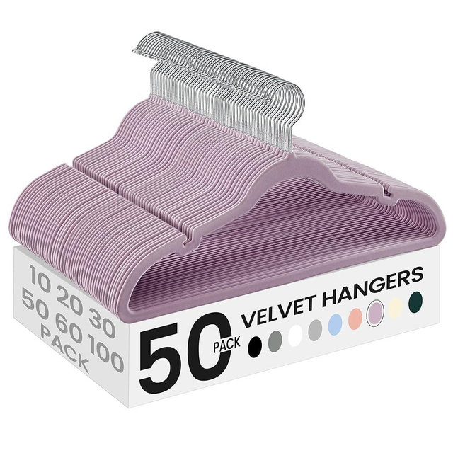 SONGMICS Velvet Hangers 50 Pack, Non-Slip Clothes Hangers, Suit Hangers with Shoulder Notches, Pants Bar, 360° Swivel Hook, Space-Saving, for Closet, Lavender Purple UCRF029GP05