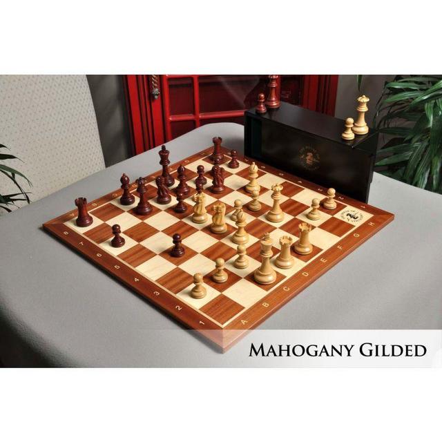 The Grandmaster Chess Set, Box, & Board Combination - Mahogany Gilded and Natural Boxwood
