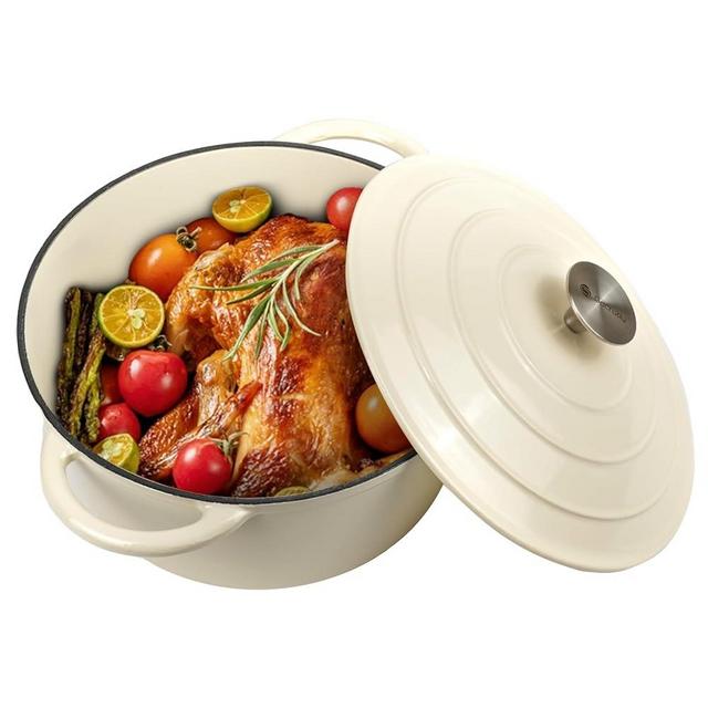 Gacuray 6.8Qt Enameled Cast Iron Dutch Oven Pot with Lidnd Dual Handles Heavy Duty Non-Stick Cream White
