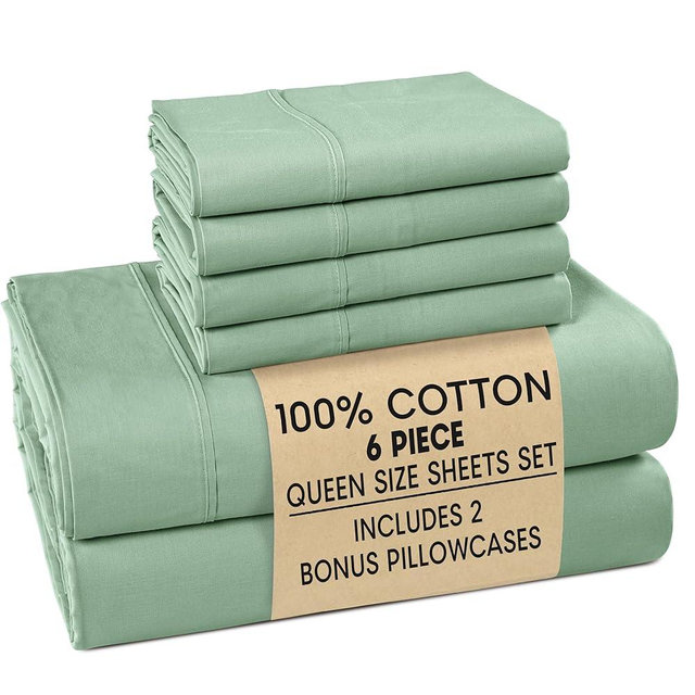 Casa Platino 100% Cotton Sheets Queen Size Set - 6 Pieces (1 Flat, 1 Fitted, 4 Pillowcases) - Soft, Breathable & Cooling Percale Bed Sheets with Deep Pockets - Durable Queen Sheet Set - Sage Green