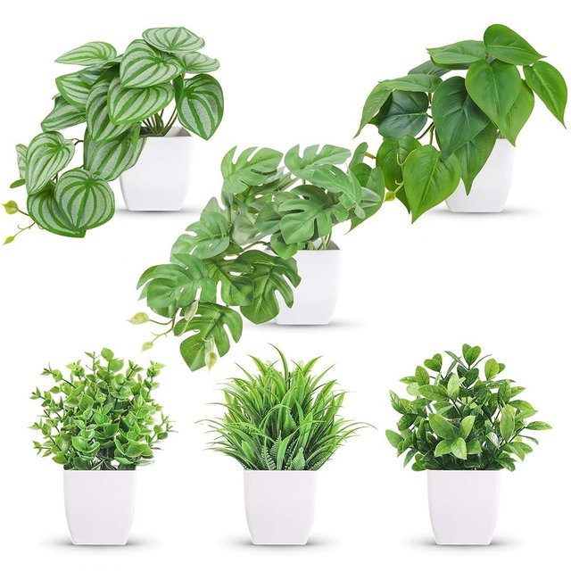 Der Rose 6 Pcs Mixed Small Fake Plants Modern Mini Potted Artificial Plants Indoor with White Pots for Bathroom Shelf Office Desk Bedroom Kitchen Decor