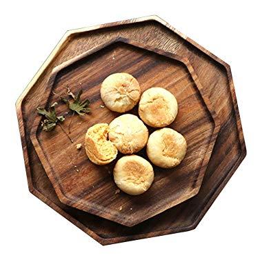 Set of 2 Acacia Wooden Octagon Square Trays Serving Bread Plates for Fruit Salad Platter Vegetable Food Dish