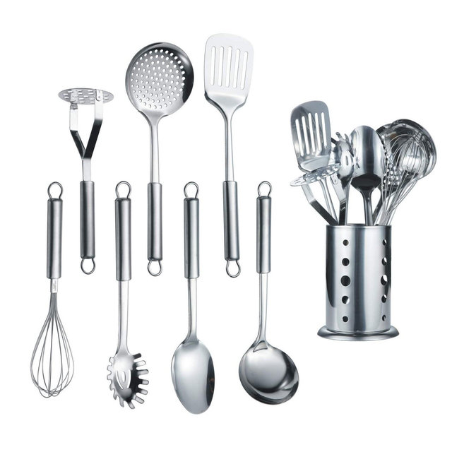 Itopfox 8-Piece Stainless Steel Kitchen Utensil Set with Stand, Includes Ladle, Skimmer, Slotted Turner, Pasta Server, Serving Spoon, Potato Masher