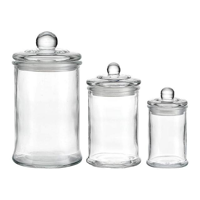 KMwares 3PCs Set Small Mini Clear Glass Premium Quality Apothecary Jars/Bathroom Storage/Vanity Organizer Canisters for Cotton Balls/Swabs, Makeup Sponges, Bath Salts, Q-Tips