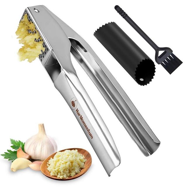Garlic Press Stainless Steel - No Need to Peel Garlic Mincer & Crusher - 304 Inox, 7.34 Oz, Large Trough - Ergonomic Handle, Easy to Clean, Dishwasher Safe (2 Years Warranty)