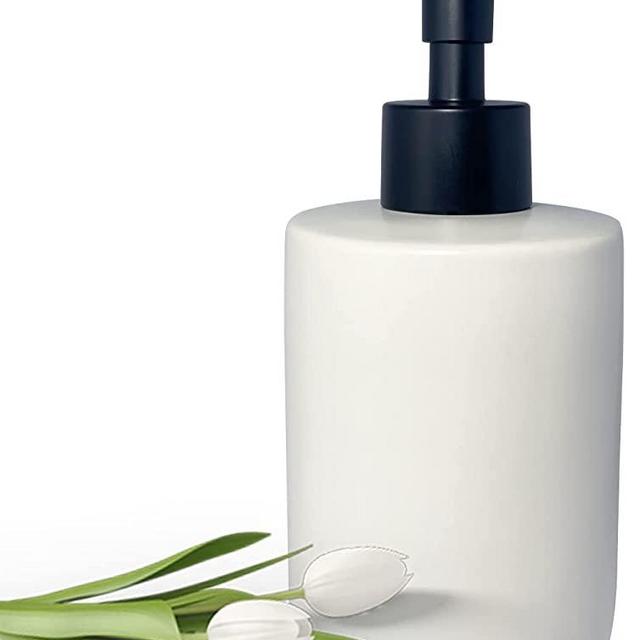 White Soap Dispenser with Matte Black Pump for Bathroom,Minimalist Modern Design Cylindrical Lotion Dispenser,12oz Ceramic Hand Dish Soap Dispenser,Refillable Liquid Dispenser for Kitchen Sink (White)