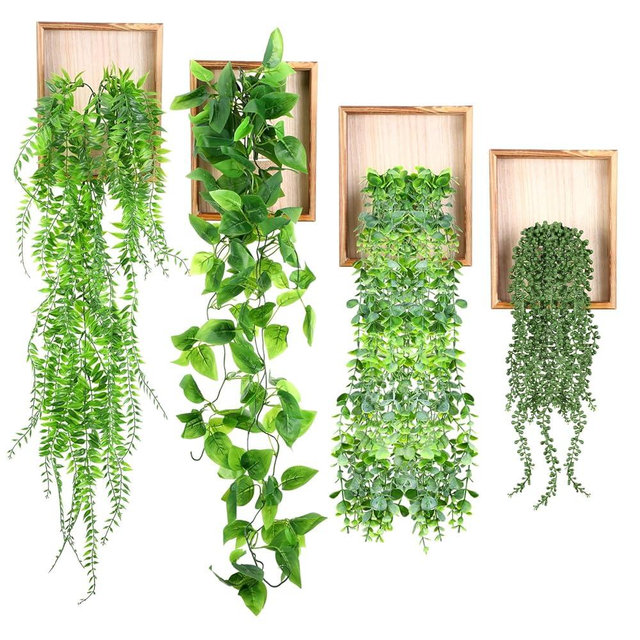 Briwooody 4 Sets Artificial Plants with Wooden Frame 19.7 ft Wall Hanging Decor Eucalyptus Succulent Radish Leaves Hanging Greenery for Living Room Nursery Backdrop Indoor Outdoor Decorations