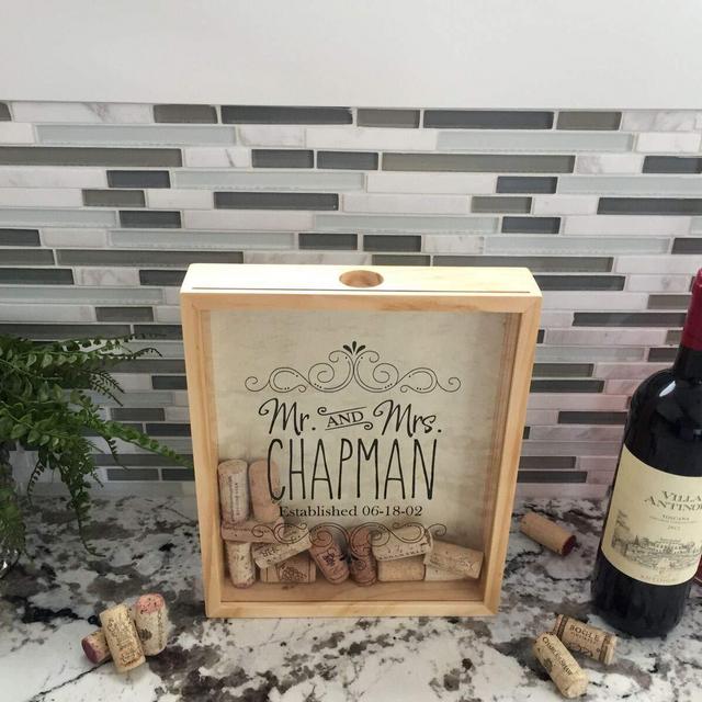 Qualtry Personalized Wedding Gifts, Rustic Wedding Gift for The Groom and for Her - Wall Mounted Monogram Wine Cork Shadow Box Holder Display (11.25&quot; x 9.25&quot;, Chapman Design)