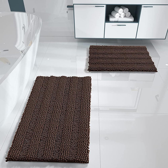 Yimobra Luxury Chenille Shaggy Bathroom Rug Set, 2 Pack Soft Fluffy Plush Bath Mat, Extra Thick, Non-Slip, Water Absorbent, Machine Washable, Bath Mats for Bathroom (Brown, 20" x 32"+17" x 24")