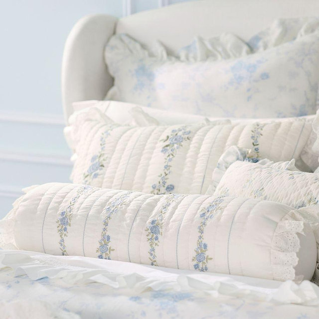 LoveShackFancy Rosette Embroidered Bolster Pillow, White/Blue, One Size