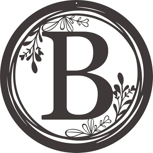 Decorative Metal Wall Art Sign with Letter B-Round Monogram Plaque with FloraDesign,Black Circle sign for Front Door, Porch, Garden, Patio, Living Room(B)