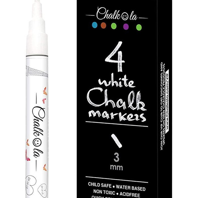 White Chalk Markers Fine Tip (4 Pack 3mm) - Wet & Dry Erase Chalk Pens for Blackboard, Chalkboards, Windows, Signs, Glass, Bistro - 3mm Reversible Bullet & Chisel Point
