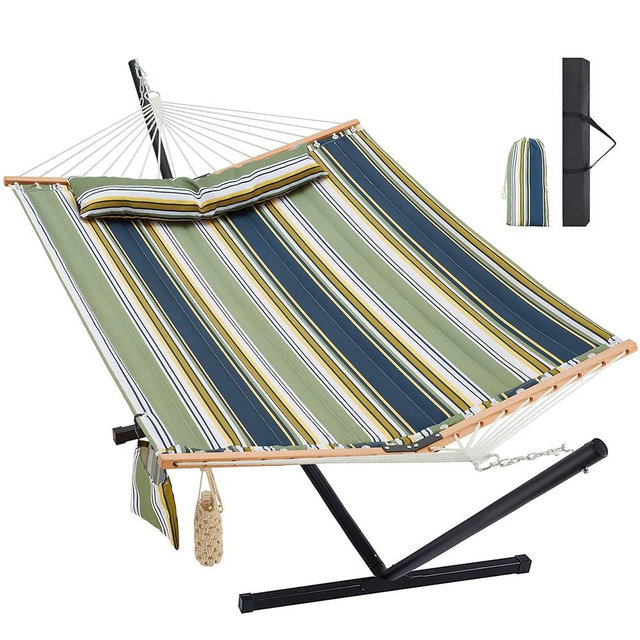 Homgava Two Person Hammock with Stand Heavy Duty, Outdoor Patio Hammock with Portable Steel Stand, Large Double Hammocks,480lbs Capacity.(Grey Stripes)