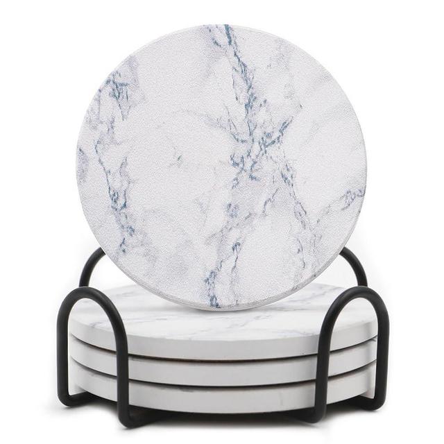 LIFVER Coasters Set of 4, Home Decor, Coasters for Drinks, White Marble-Style Absorbent Coasters with Holder, Housewarming Gifts for Suitable for Kinds of Cups, 4 Inches