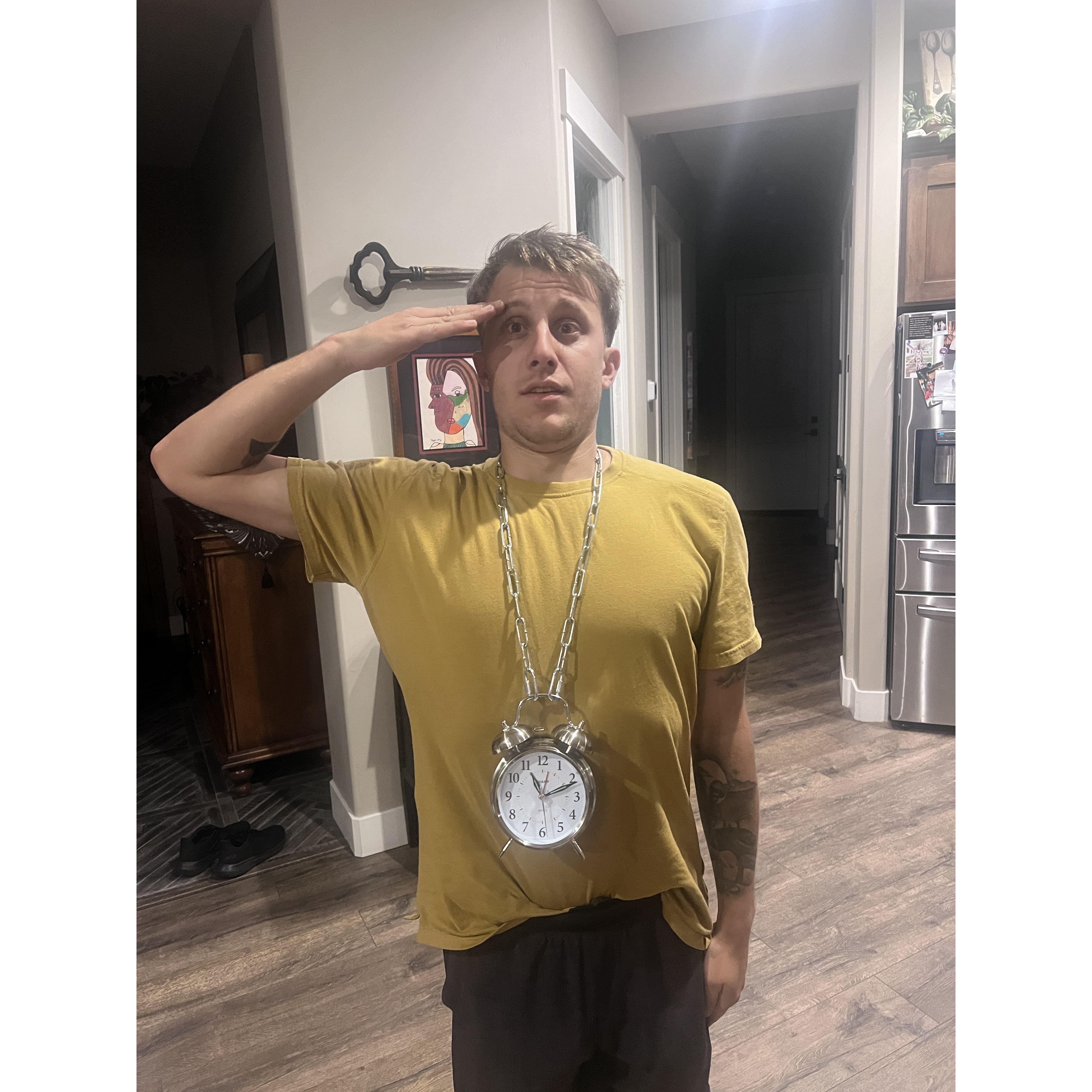 Casey was late one time to his NARTA Academy and they made him wear this clock around his neck for 2 weeks straight. lol