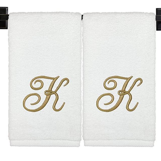 Monogrammed Hand Towels, Set of 2, 100% Cotton, Made in USA, Luxury Hotel Quality, Embroidered Gold Thread Script Monogram