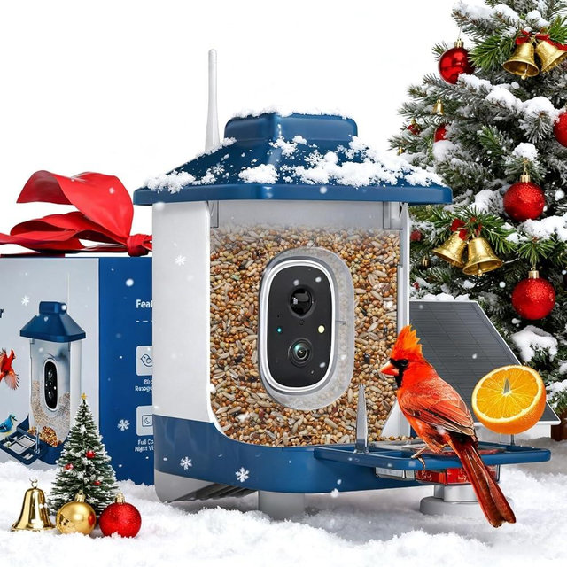 Bird Feeder with Camera, AI Bird Identification, Full HD Live Video, Solar Powered, 2.4Ghz WiFi, Nstant Arrival Alerts - White Elephant Gifts