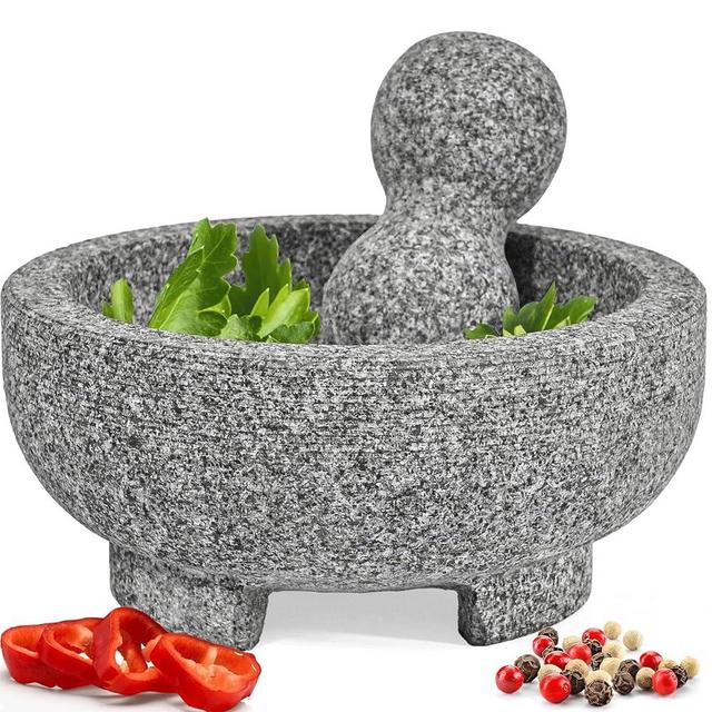 PriorityChef Granite Mortar and Pestle Set - 6.1 Inch Natural Stone Molcajete Mexicano for Spices, Seasonings, Pastes - Pestle and Mortar Bowl for Fresh Guacamole, Salsa, Pesto, Small, Grey