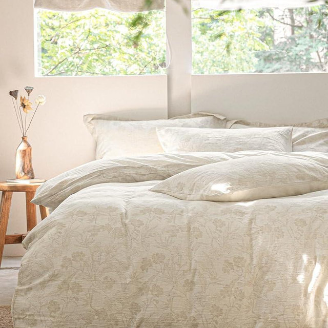 MILDLY Linen Cotton Duvet Cover - Garden Floral Jacquard Textured Comforter Cover Set 3pcs with Zipper Closure Breathable & Minimalist for All Season