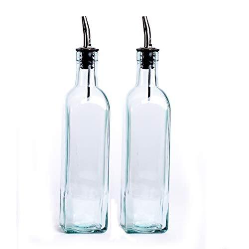 eHomeA2Z Italian Glass Oil And Vinegar Cruet 16 Oz, Olive Oil Dispenser With Stainless Steel Spout, Slight Green Tint (2, 16 oz)